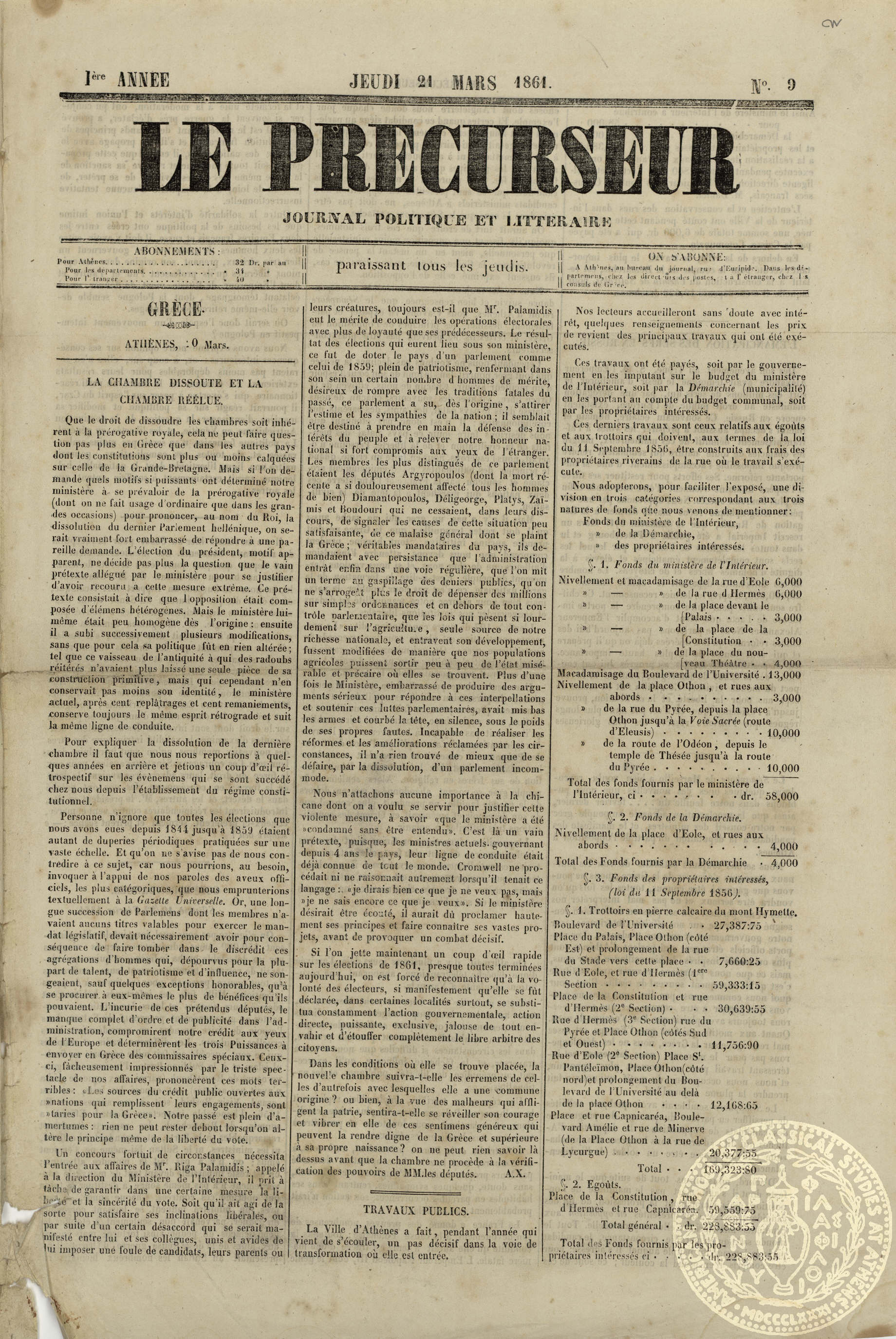 Le precurseur. Journal politique et litteraire.